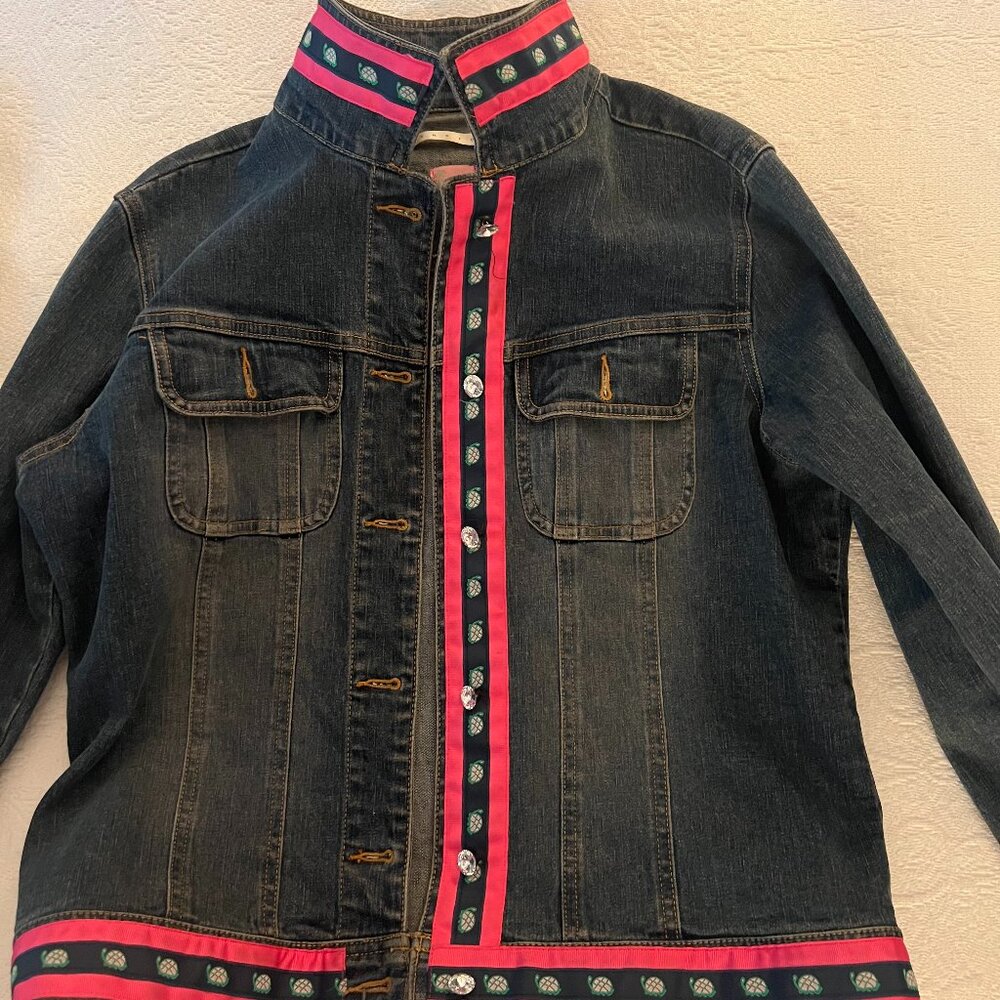 Designer jean jacket with rhinestone buttons by Molly B for any occasion!